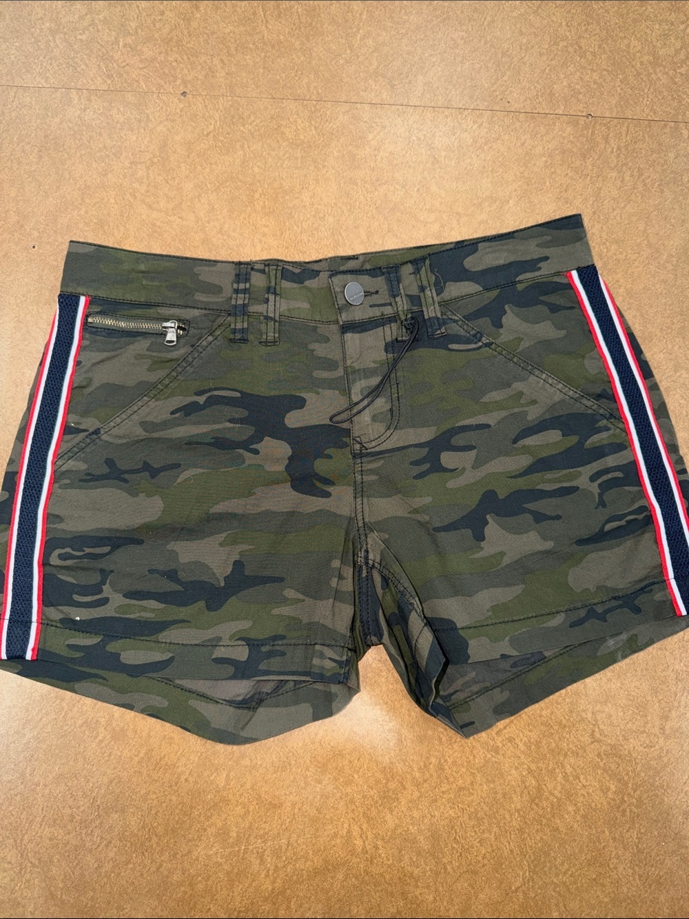 NWOT Dear John Olive Green Camo Athletic Shorts with Red-White-Blue Side Stripe
